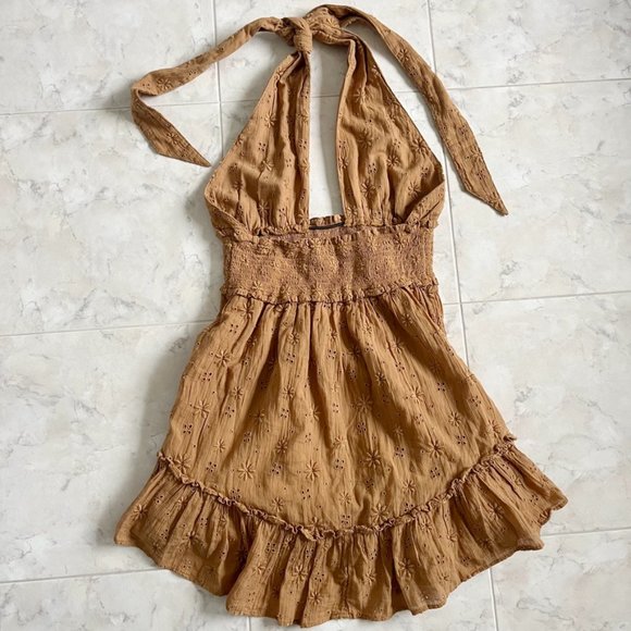 NEW aerie Backless Halter Eyelet Ruffle Mini A-Line Dress Women XS - Picture 5 of 6